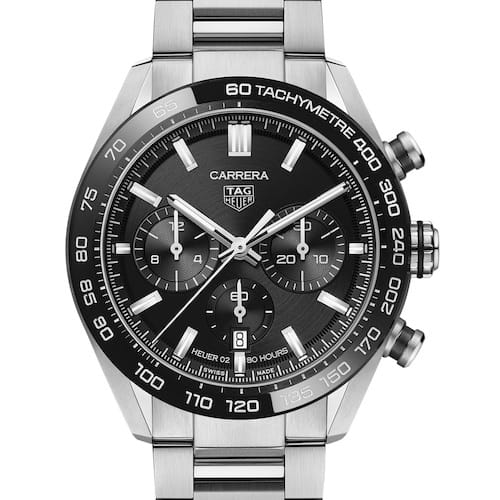 TAG-Heuer-Carrera-CBN2A1B.BA0643-schwarzes-ZB-Font Das rhodinierte TAG-Heuer-Logo bei zwölf Uhr ist appliziert.