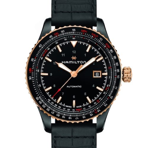 Hamilton-Khaki-Aviation-Converter-Auto-Rosegold-schwarzes-Kalbsleder-H76635730 Roségold-beschichtete Zeiger und schwarzes Gehäuse