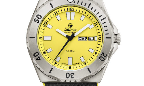 Die Tutima M2 Seven Seas mit gelbem Zifferblatt und Kevlarband. Die Tutima M2 Seven Seas mit gelbem Zifferblatt und Kevlarband.