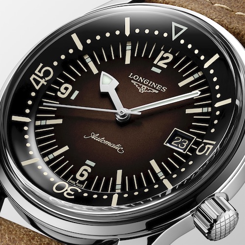 Der Longines Legend Diver mit braunem Degradé-Zifferblatt. Der Longines Legend Diver mit braunem Degradé-Zifferblatt.