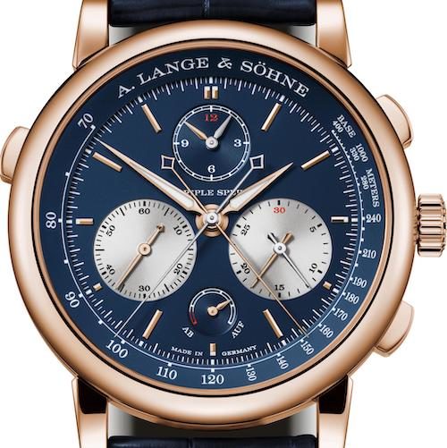 Der Triple Split in einer Version mit Rotgoldgehäuse und blauem Zifferblatt ermöglicht das Erfassen von Zwischenzeiten bis zu zwölf Stunden. Der Triple Split in einer Version mit Rotgoldgehäuse und blauem Zifferblatt ermöglicht das Erfassen von Zwischenzeiten bis zu zwölf Stunden.