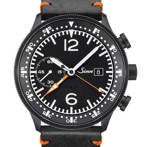 Der Stoppminutenazeiger aus dem Zentrum des SZ01 ist eine Eigenkonstruktion von Sinn Spezialuhren. Der Stoppminutenazeiger aus dem Zentrum des SZ01 ist eine Eigenkonstruktion von Sinn Spezialuhren.