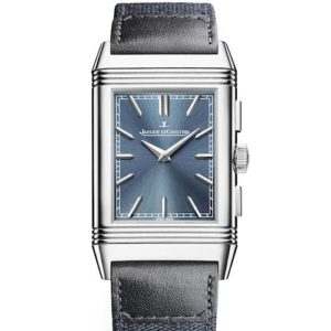 Der Reverso Chronograph in Edelstahl besitzt ein graublaues Zifferblatt.