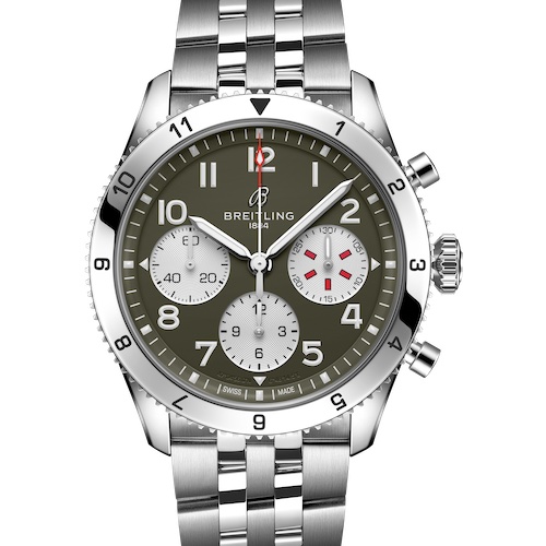 Breitling Classic AVI Chronograph 42 Curtis Warhawk Edelstahl Edelstahlband Die Lünette ist beidseitig drehbar, besitzt eine Sperre, einen schwarzen Merkpfeil und schwarze Ziffern.