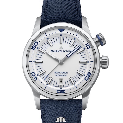 Maurice Lacroix Pontos S Diver Weiss PT6248-SS00L-130-4 Nylon Das blaue Nylonband trägt das charakteristische »M« als Logo der Marke.