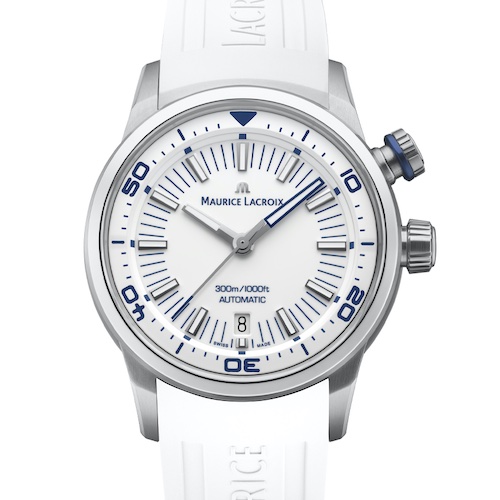 Maurice Lacroix Pontos S Diver Weiss PT6248-SS00L-130-4 weißer Kautschuk Die Krone bei zwei Uhr dient zum Einstellen der Tauchzeit auf dem Innendrehring.