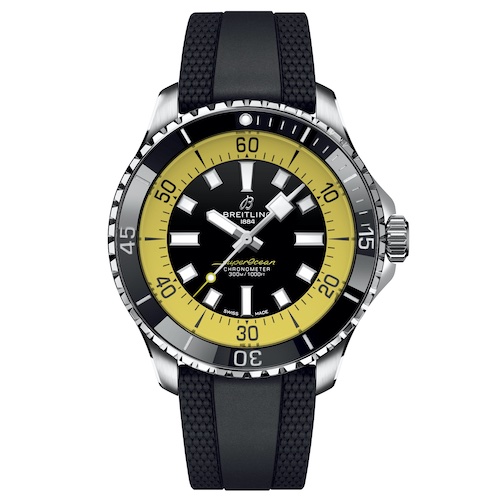 Breitling Superocean Automatic 44 Special Edition Ref. A173762A1B1S1 Beide Sondermodelle sind mit sommerlichen Farbvarianten auf dem Rehaut zwischen Zifferblatt und Lünette versehen.