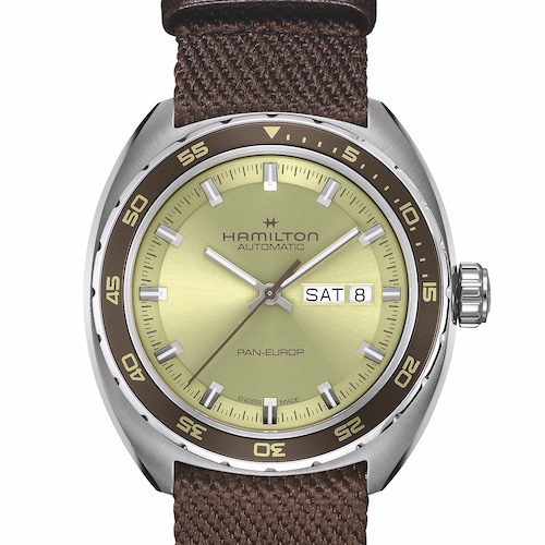 Hamilton Pan Europ Automatic H35445860 NATO-Band Stunden- und Minutenzeiger sind vernickelt, der Sekundenzeiger lackiert.