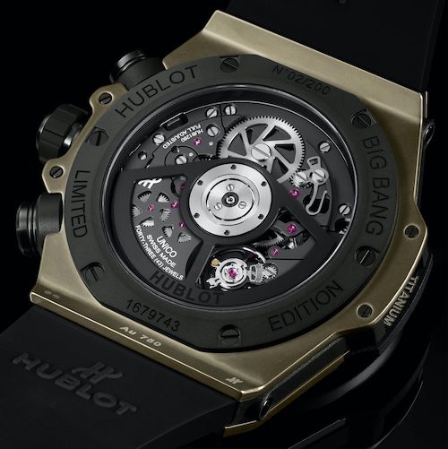 Hublot Big Bang Unico Full Magic Gold 421.MX.1130.RX Das Chronographenwerk lässt sich durch das Sichtglas im Titanboden betrachten.
