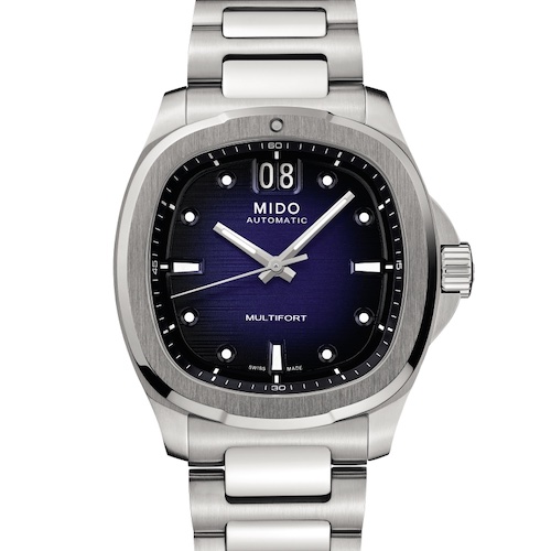 Mido Multifort TV Big Date M049.526.11.041.00 Blau Edelstahl Die neuen Multifort-Modelle haben ein zweistelliges, springendes Datum bei zwölf Uhr.