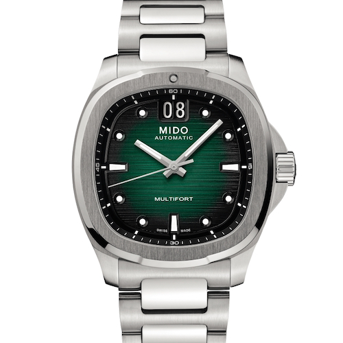 Mido Multifort TV Big Date M049.526.11.091.00 Grün Edelstahlband Das Modell mit grünem Farbverlauf wird nur mit einem Edelstahlarmband angeboten.