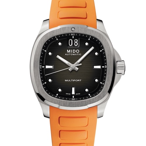 Mido Multifort TV Big Date M049.526.17.081.00 orangefarben Das Multifort-Modell mit schwarzem Farbverlauf auf dem Zifferblatt am orangefarbenen Kautschukband.