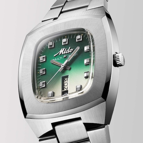 Mido im TV-Format von 1973 Eine Variante des historischen Modells von 1973 mit grünem Farbverlauf.