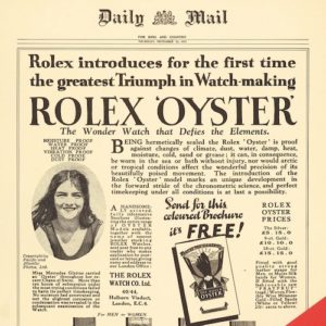 Rolex inserierte den Rekordversuch von Mercedes Gleitze 1927 auf der Titelseite der Daily Mail.
