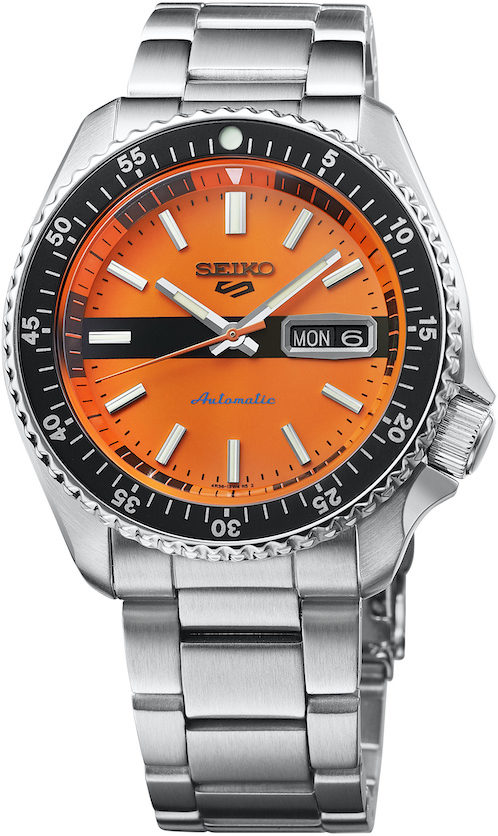 Seiko SKX Sports Style SRPK11 Die Seiko SRPK11 besitzt ein kontrastreiches schwarz-orangenes Zifferblatt.