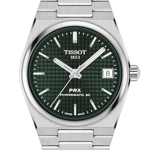 Tissot PRX 35mm T137_207_11_091_00_Gruen Das Waffelmuster auf dem Zifferblatt unterscheidet die automatische Version von den Quarzmodellen.