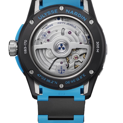 Ulysse Nardin Diver Net Azure 1183_170_2B/3A Das Manufakturkaliber UN-118 besitzt eine Siliziumspirale.