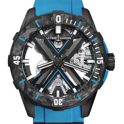 Ulysse Nardin Diver X Skeleton Azure 3723-170-2B/3A Die einseitig drehbare Lünette und die Abdeckung des Federhauses bestehen aus Carbonium.
