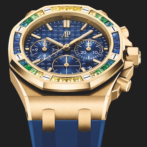 Audemars Piguet Royal Oak Offshore Gelbgold dunkelblau 26236BA.YY.D346CA.01 Der Chronograph aus 18K Gelbgold ist mit 32 Baguetteschliff-Tsavoriten und blauen und gelben Saphiren mit einem Gesamtgewicht von rund 2,32 Karat besetzt.
