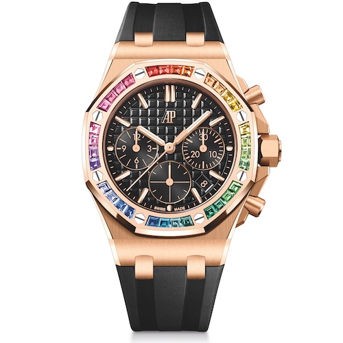 Audemars Piguet Royal Oak Offshore Schwarz 26236OR.YY.D002CA.0 Front Das schwarze Zifferblatt mit »Lady Tapisserie«-Motiv besitzt schwarze Zähler und Zeiger aus Roségold mit Leuchtbeschichtung.
