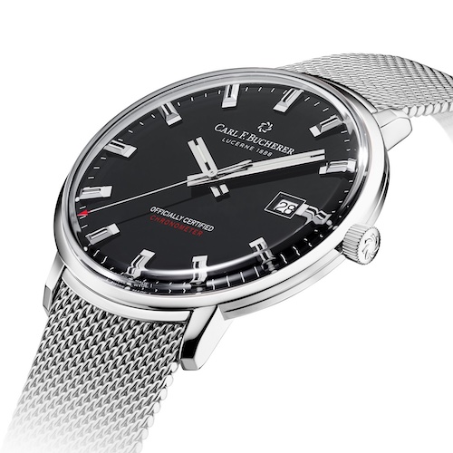 Carl F. Bucherer Heritage Chronometer Celebration 0010804083321 schwarzes Zifferblatt Die Indizes sind rhodiniert und mit schwarzer Leuchtfarbe befüllt.