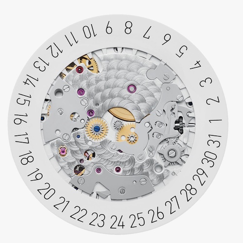 DUW 6101 Zifferblattseite Die Datumsscheibe ist außen um das Kaliber geführt und integriert, Das ermöglicht die geringe Bauhöhe von 3,6 Millimetern.