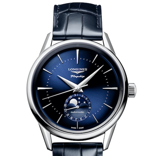 Longines Flagship_Heritage Blau L4.815.4.92.2 Die Zifferblätter sind leicht gewölbt, das blaue und silberfarbene mit einem Sonnenschliff versehen.