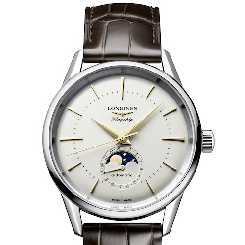 Longines Flagship Heritage Opal-Silber L4.815.4.78.2 Die opal-silberne Variante besitzt vergoldete Zeiger und Indizes.