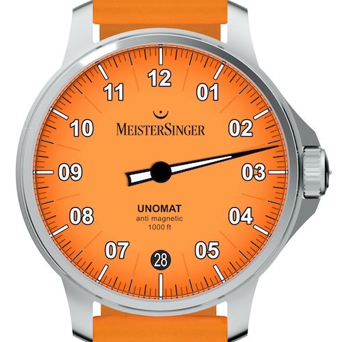 Meistersinger Unomat ED-UN915 Der Nadelzeiger, die applizierten Ziffern und die Stundenstriche sind mit Leuchtmasse belegt.