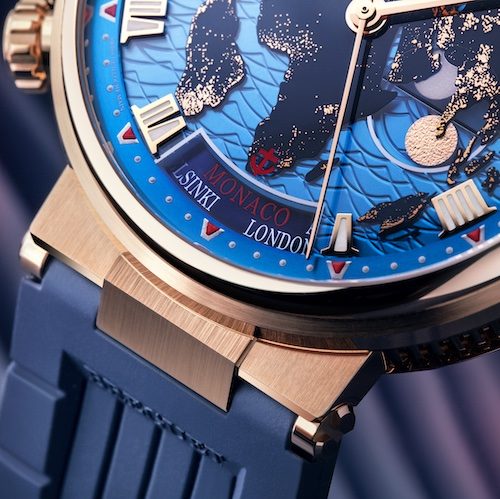 Breguet Marine Hora Mundi 5555BR/YS/5WV Only Watch 2023 unteres Zifferblatt Bei sechs Uhr befindet sich die Städteanzeige. Monaco versinnbildlicht beim Unikat die MEZ. Bei vier Uhr befindet sich die Tag-/Nachtanzeige.