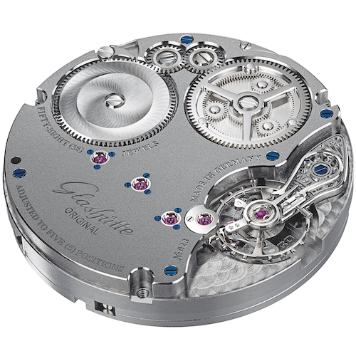 Glashütte Original Kaliber 58-08 Das Manufakturkaliber 58-08 besitzt die typische Dreiviertelplatine, verschraubte Goldchatons und einen handgravierten Unruhkloben.
