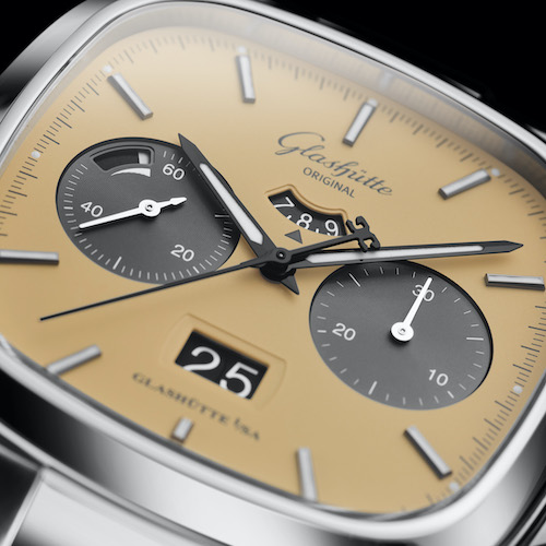 Glashütte Original Seventies Chronograph Golden Bay 1-37-02-14-02-63 Zeiger und Indizes sind schwarz beschichtet und mit Leuchtfarbe versehen.