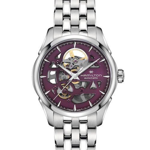 Hamilton_Jazzmaster_Skeleton_H32265101_Soldier_Edelstahlband Die Hamilton Jazzmaster Skeleton mit pflaumenblauem Zifferblatt am Edelstahlarmband.