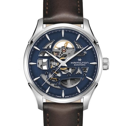 Hamilton Jazzmaster Skeleton H42535541 braunes Lederband Die 40 Millimeter große Version mit blauem Zifferblatt und braunem Lederband.