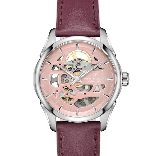 Hamilton Jazzmaster Skeleton Jazzmaster Skeleton H32265870 rosa Zifferblatt Die Hamilton Jazzmaster Skeleton mit rosafarbenem Zifferblatt an einem lila Lederband.