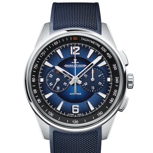 Jaeger-LeCoultre Polaris Chronograph 2023 Q9028181 blaues Kautschukband Ein integriertes Wechselsystem ermöglicht den werkzeuglosen Tausch gegen ein blaues Kautschukband.