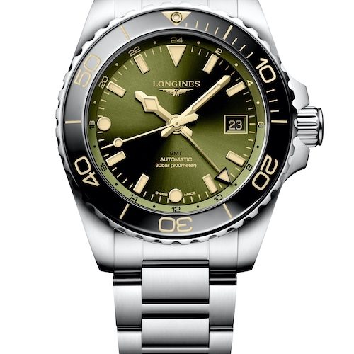 Longines Hydroconquest Grün Edelstahl L3.790.4.06.6 Der GMT-Zeiger ist farblich auf das Zifferblatt abgestimmt.