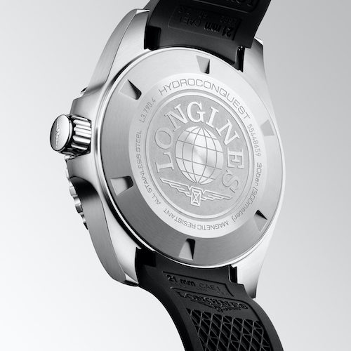 Longines Hydroconquest Schwarz schwarzes Kautschukband L3.790.4.56.9 Zur Longines Hydroconquest GMT mit schwarzem oder blauem Zifferblatt gibt es farblich passende Bänder aus Kautschuk mit einer Feinverstellung.