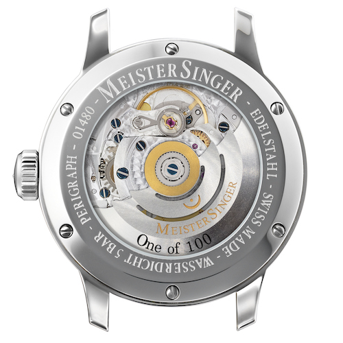 Meistersinger Perigraph 38 MM S-BM1118 Der Mineralglasboden ist mit der Beschriftung »One of 100« versehen.