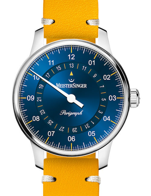 Meistersinger Perigraph 38 MM S-BM1118-SVSL118 Zum gelben Satelllederband passen die gelben Akzentstriche auf dem Zifferblatt.