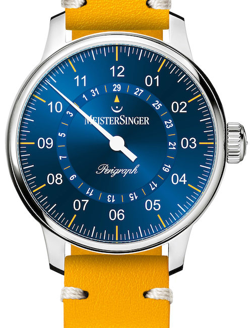 Meistersinger Perigraph 43 MM S-AM1018-SVSL018 Die 43 Millimeter große Variante der Perigraph am sommerlich-gelben Lederband.