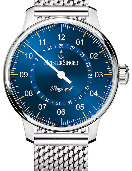 Meistersinger Perigraph 43_MM_S-AM1019 MIL20 Milanaiseband Die 43 Millimeter große Version des Meistersinger Perigraph an einem Milanaiseband.