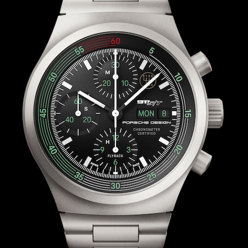 Porsche Design Chronograph 1 Porsche 911 S/THeritage Zwischen ein und zwei Uhr befindet sich ein aufgedrucktes Schaltschema. Bei der Heritage-Version ist es goldfarben.