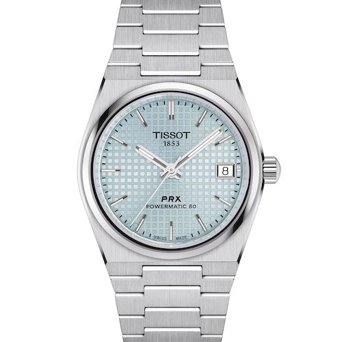 Tissot PRX 35 mm Powermatic 80 T137_207_11_351_00_B1 eisblau Die Tissot 35 mm Powermatic 80 ist jetzt auch mit einem eisblauen Zifferblatt erhältlich.