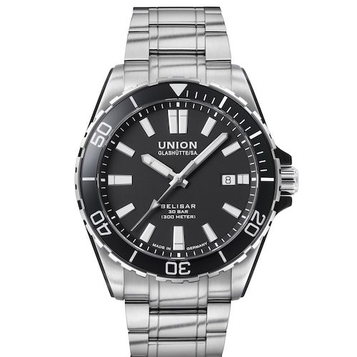 Union Glashütte Belisar Datum Sport Pro D014.907.11.051.00 Belisar Datum Sport Pro Schwarz Edelstahl Die Taucheruhr von Union Glashütte mit schwarzem Zifferblatt am Edelstahlband.