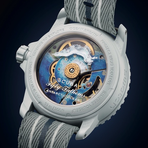 Swatch Scuba Antarctic Ocean Boden Die Rückseite ziert die Abbildung des Antarktischen Ozeans.