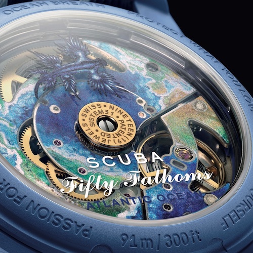 Swatch Scuba Fifty Fathoms Atlantic Ocean Digitaldruck Die Illustration des Atlantischen Ozeans befindet sich auf der Werkseite.