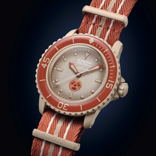 Swatch Scuba Fifty Fathoms Front Das Uhrglas besteht aus biobasiertem Material mit kratzfester Beschichtung.