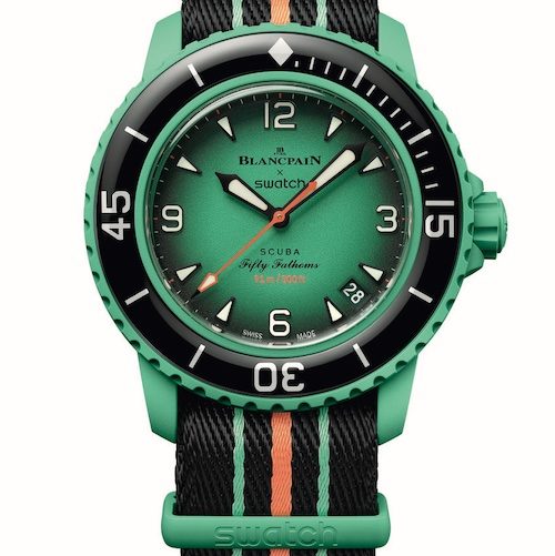 Swatch_Scuba_Fifty_Fathoms_Indian_Ocean_Soldat Beim Modell Indian Ocean sind Gehäuse und Krone aus grüner Bioceramic.