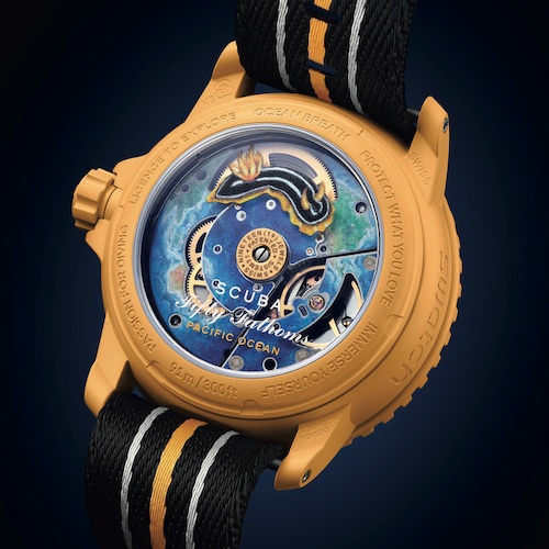 Swatch Scuba Fifty Fathoms Pacific Ocean Boden Der pazifische Ozean ziert den Boden des gleichnamigen Modells.